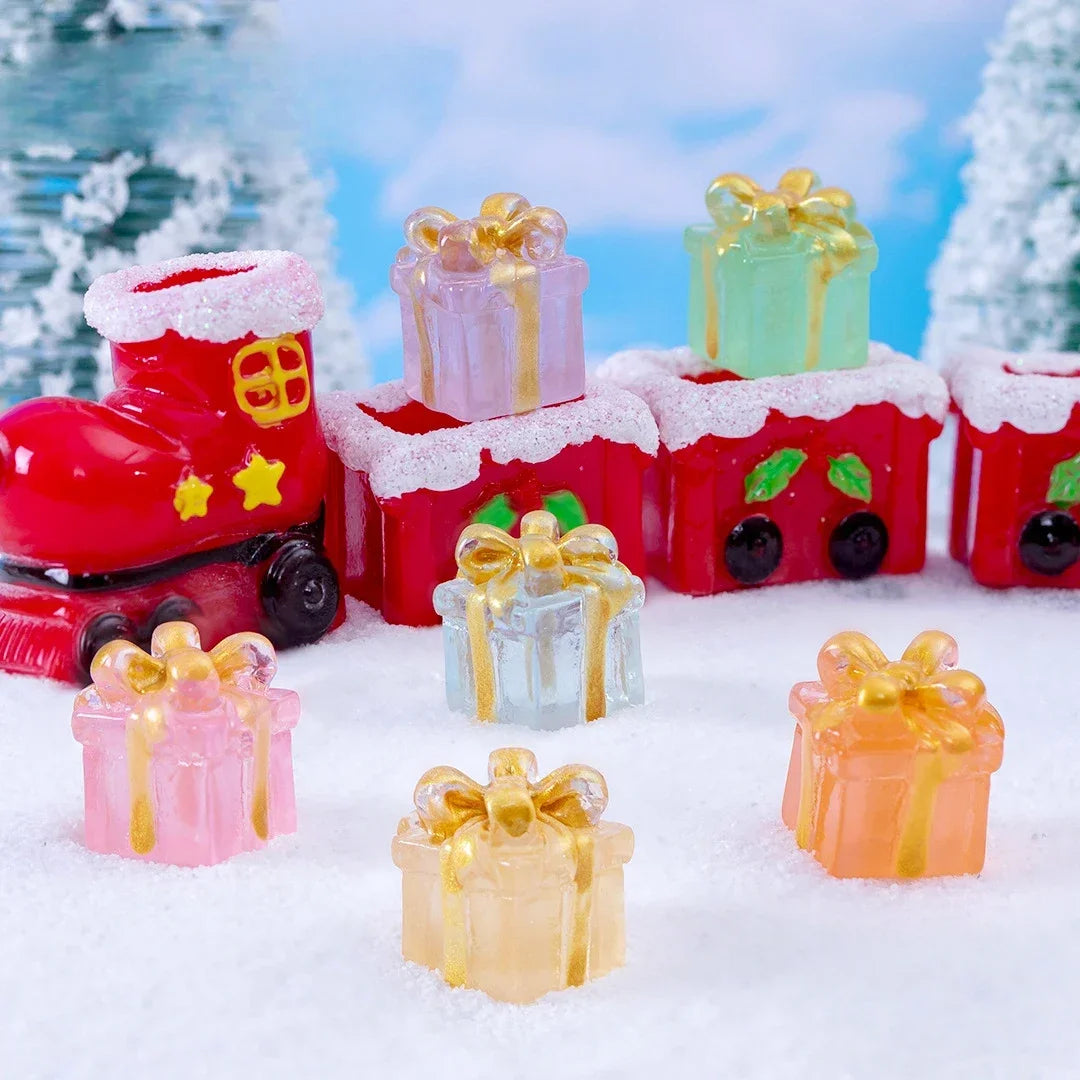 Christmas Luminous Gift Box Figurines DIY Decoration Micro Landscape Xmas Creative Luminous Small Figurines & Miniatures