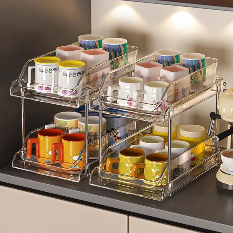 Cup Storage Rack Kitchen Cabinet Bar Double Tea Set Mug Holder Multifunctional Sundry Organization Countertop Pull Out Shelf