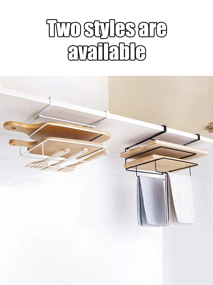 Cutting Board Kitchen Shelf, Double-Layer Perforation-Free Cabinet Hanger, Rag, Cutting Board Storage And Finishing Iron Hanger