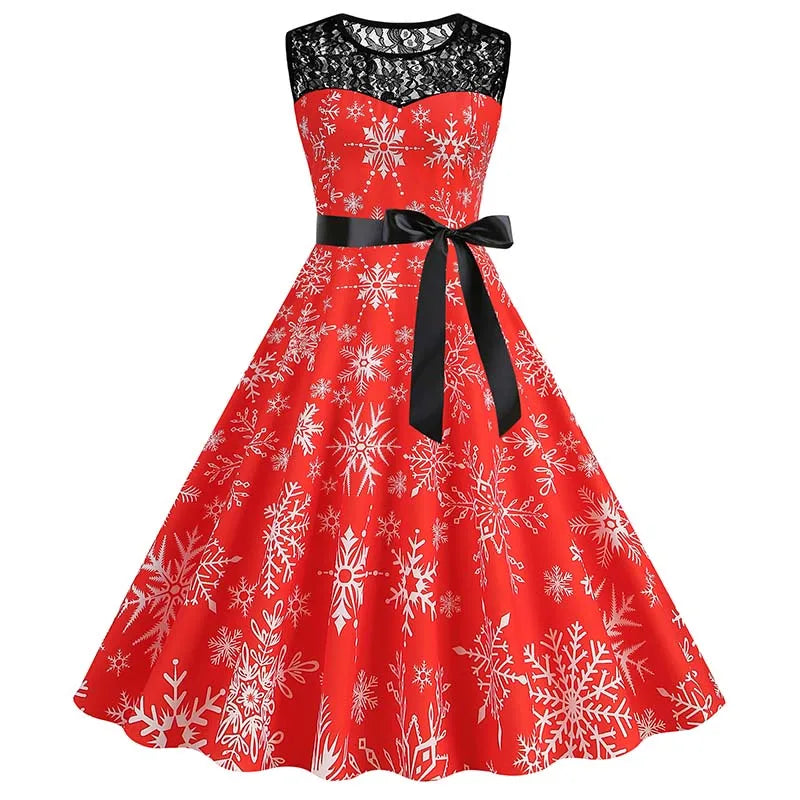 Christmas Dress Women Vintage 50s Lace Sleeveless Print Party A Line Santa Claus Sundress Runway Midi Pinup Flare Dresses