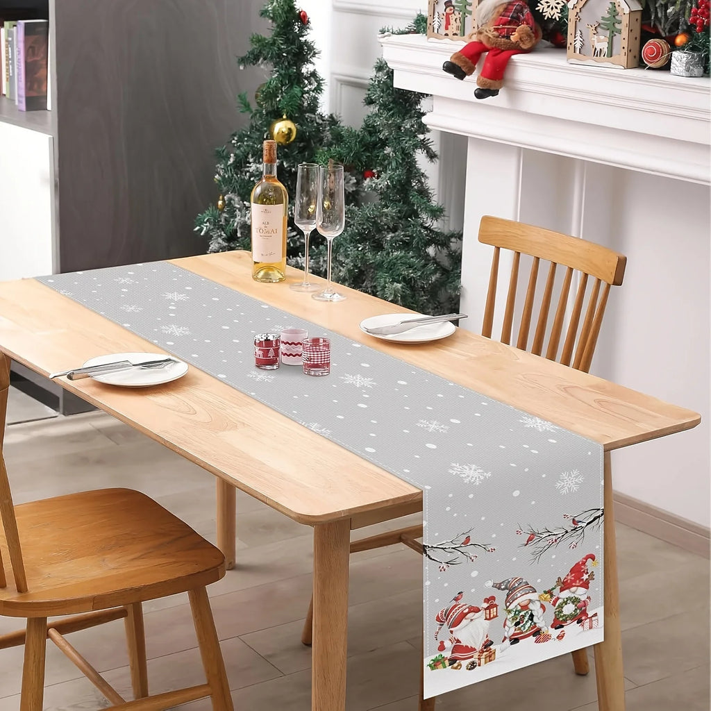 1 Piece of Christmas Gnome Themed Table Runner, Light Gray Background Painted with Snowmen, Snowflakes, Birds, Gift Patterns, Suitable for Christmas Parties, Family Dinners, Holiday Markets, Themed Cafes, Kidsren's Room Decor