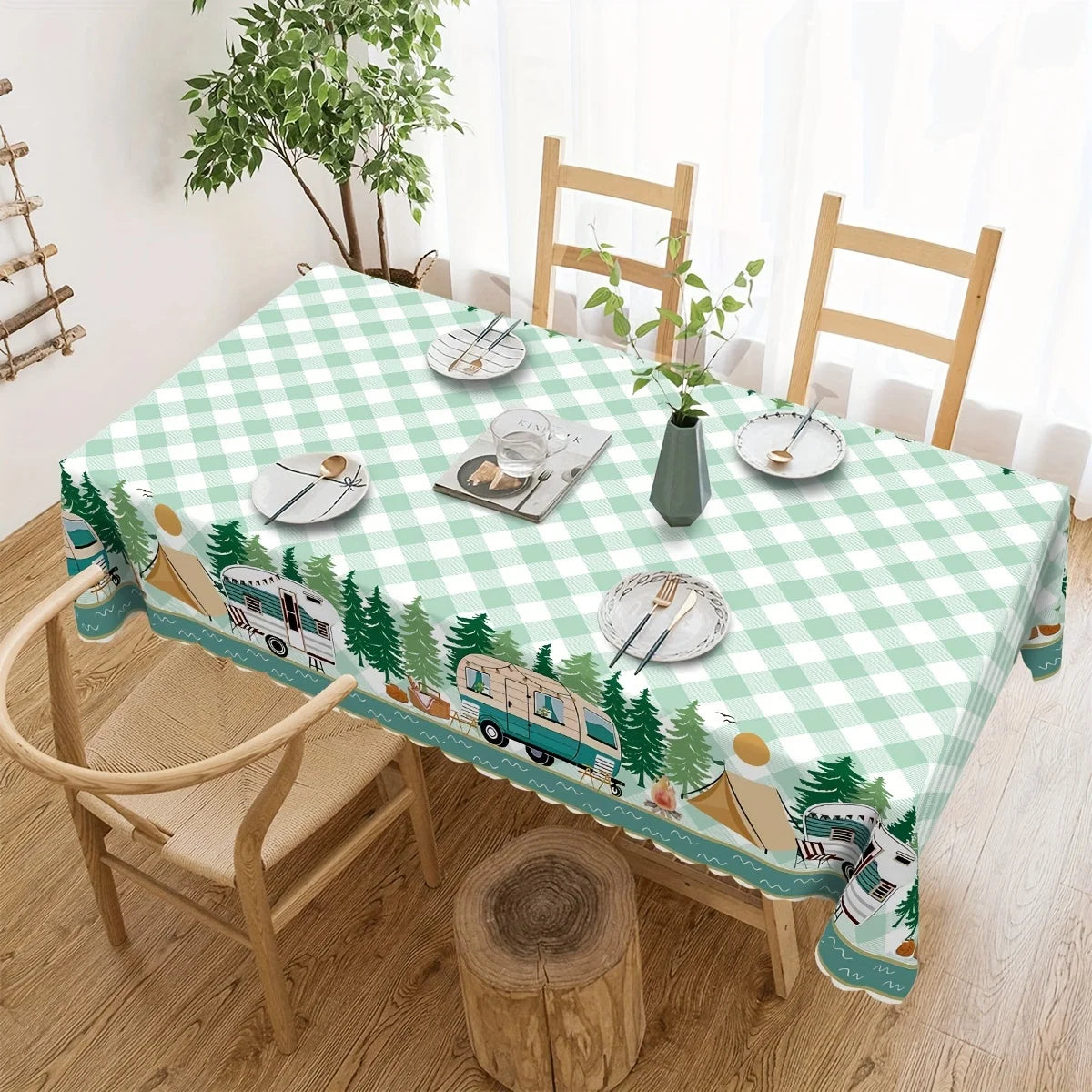 Green Checkered Trees Rectangle Tablecloth Holiday Home Party Decor Washable RV Campfire Table Cloths Outdoor Picnic Table Decor