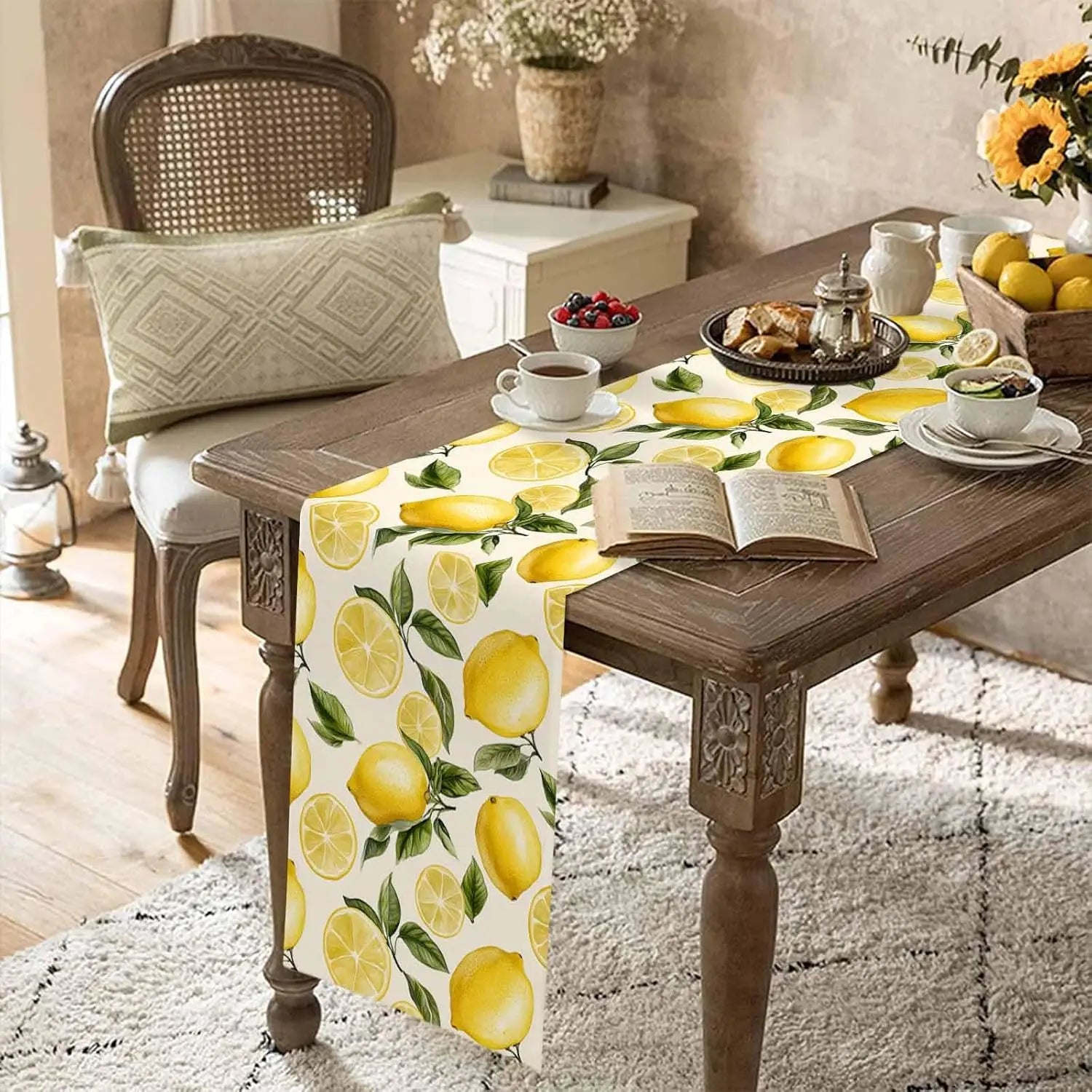 Summer Lemon Theme Linen Table Runner Holiday Wedding Party Decor Watercolor Summer Farmhouse Table Runners Dining Table Decor