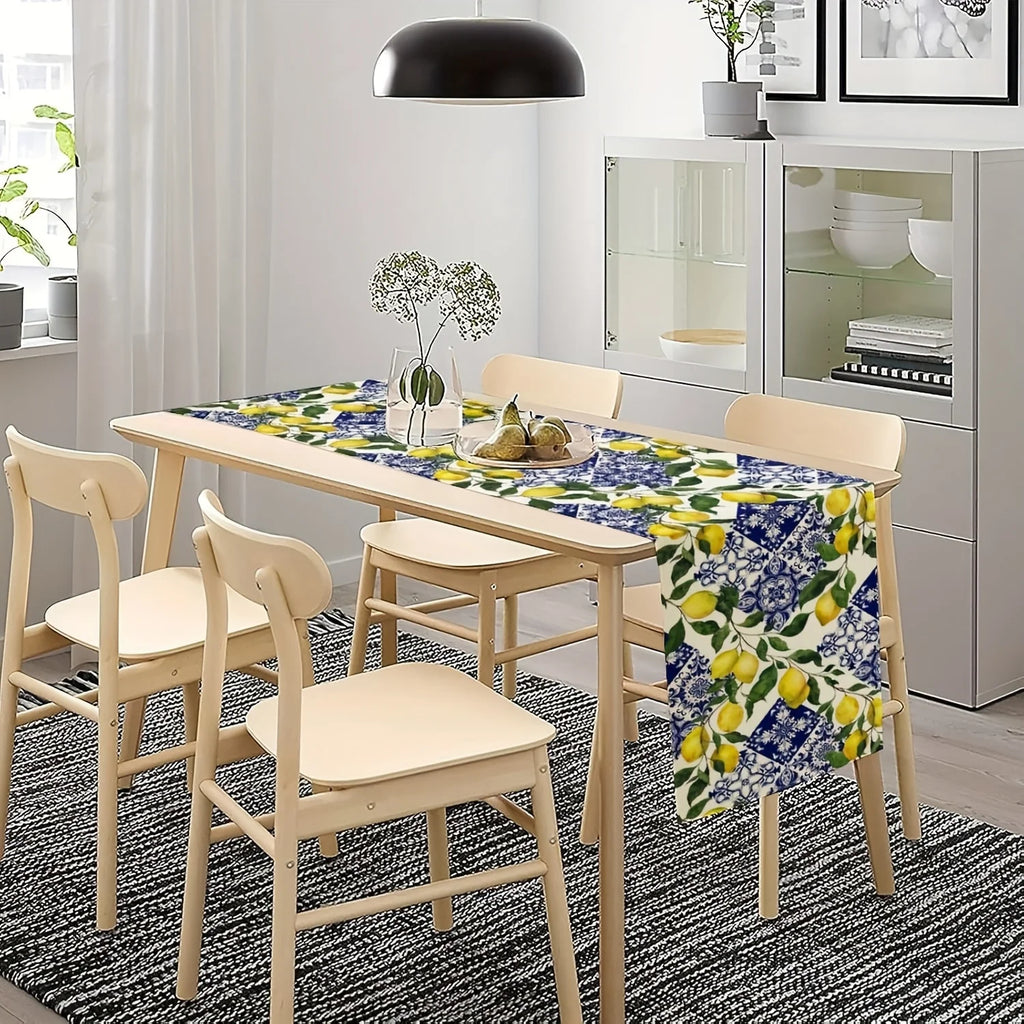 Blue Tile Lemon Linen Table Runner for Dresser Scarf Decor Reusable Summer Lemon Floral Leaves Table Runners Holiday Party Decor