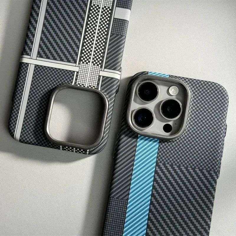 For iPhone 16 15 14 Pro Max Case Carbon Fiber Abstract Geometric MagSafe Cover Magnetic Charging Shell Camera Alloy Armor Fundas