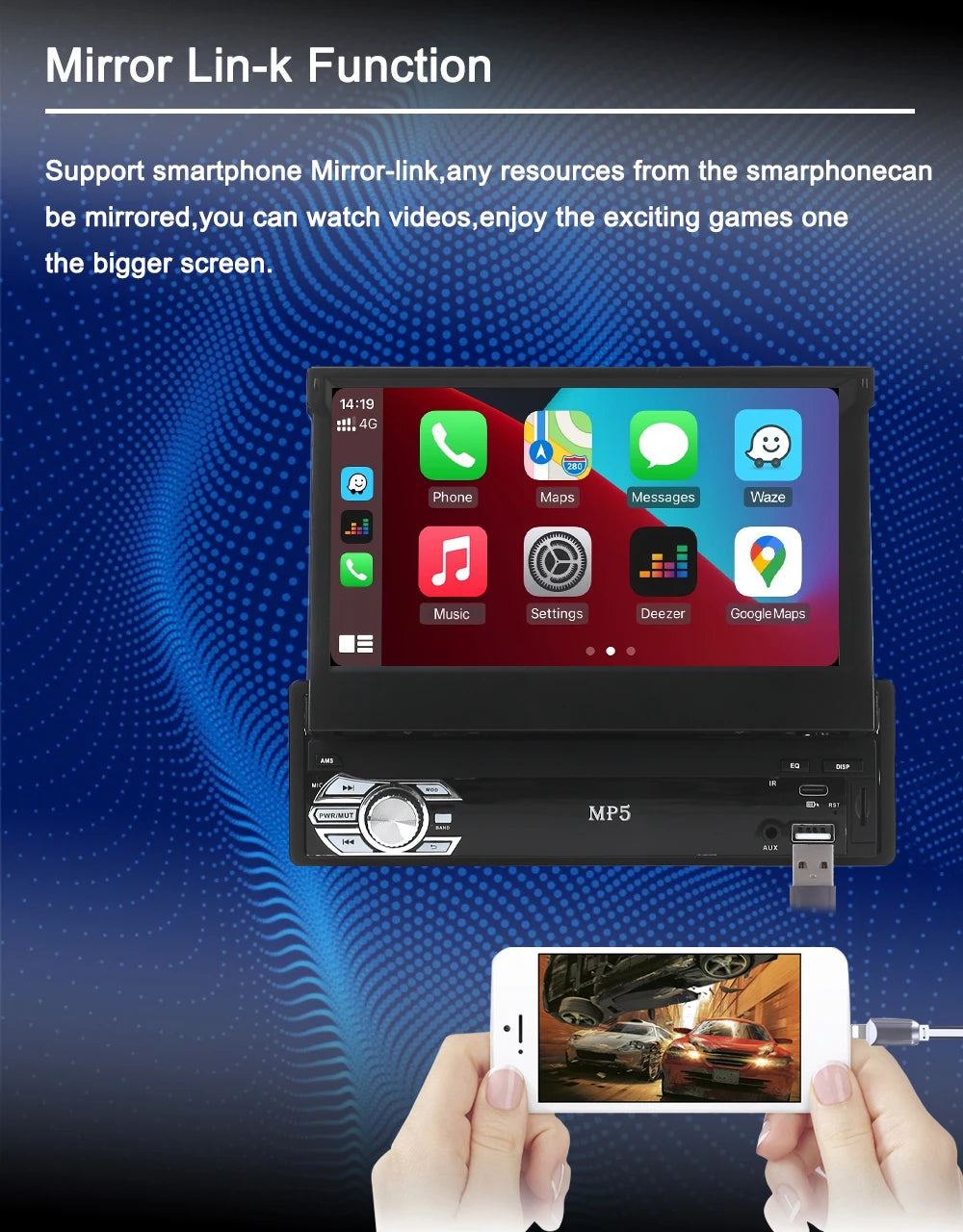 Universal 1 Din MP5 Player 7 Inch Carplay Android Auto Manual Automatic Retractable Touch Screen Car Player FM Radio Mirror Link