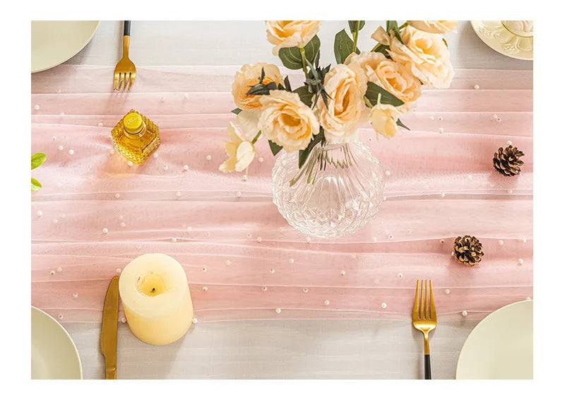 Pink Gauze Table Runner Romantic Pearl Mesh Tablecloth Wedding Dinning Table Cover Decoration Birthday Baby Shower Party Decor