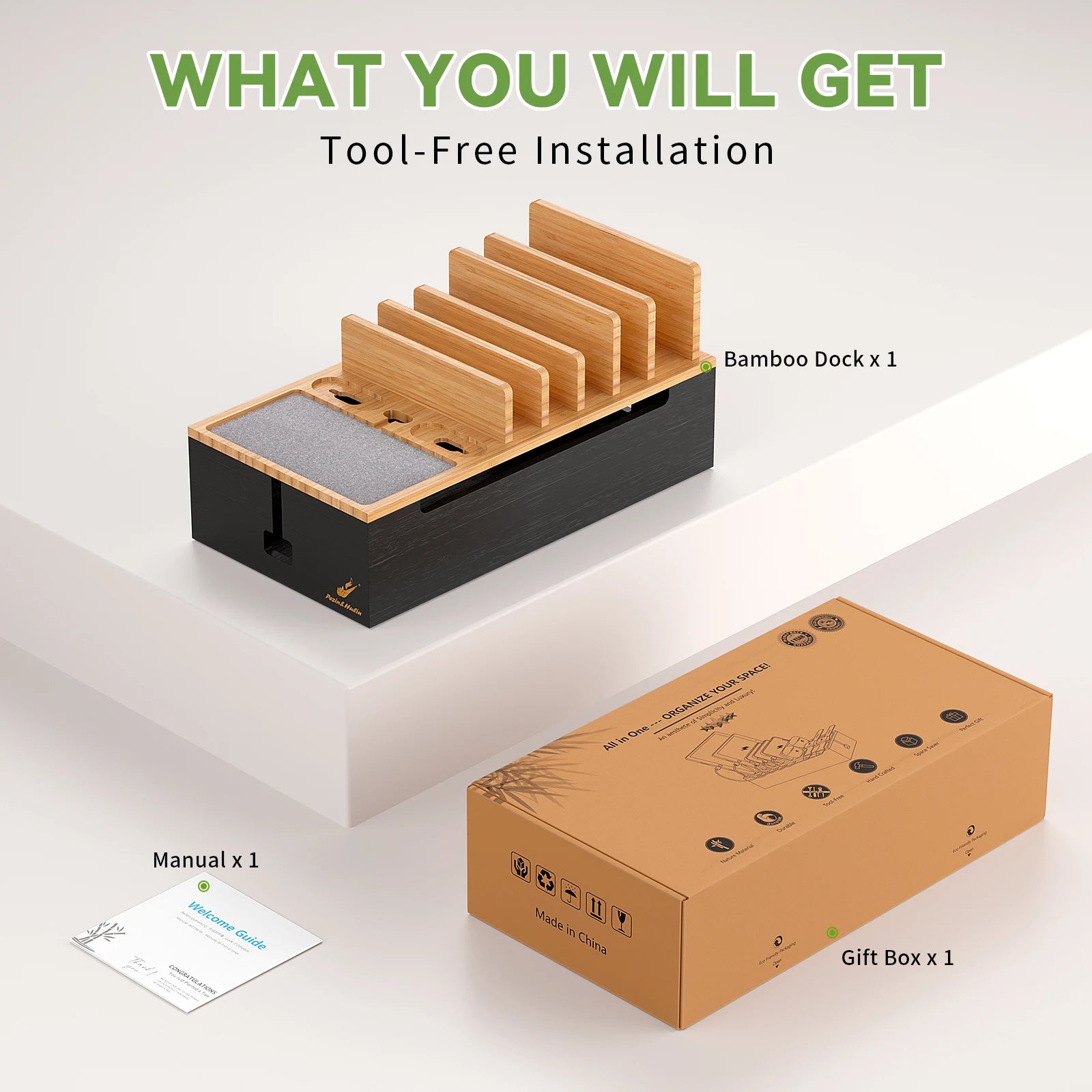 Bamboo Charging Station for Multiple Devices Charger Dock Holder Stand for Cell Phone and Tablet Electronic Devices Organizer