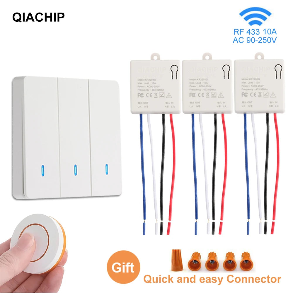 QIACHIP Wireless Smart Switch Light RF 433Mhz Wall Panel Switch with Remote Control Mini Relay Receiver 220V Led Light Lamp Fan