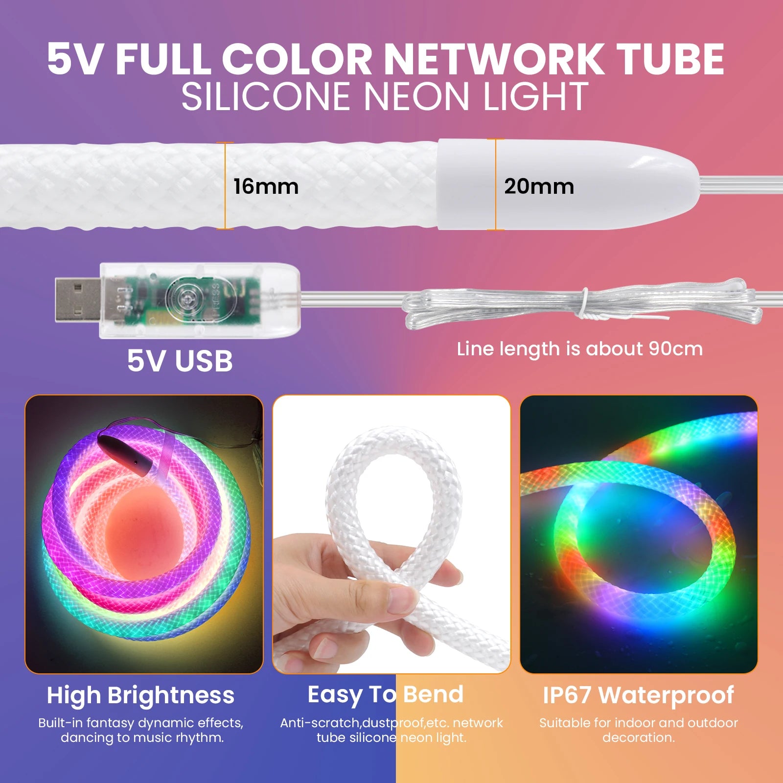 360 Glow Round RGB Neon LED Woven Strip Light 24key Bluetooth APP Remote Control 5V USB WS2812B Music Sync Waterproof Rope Decor