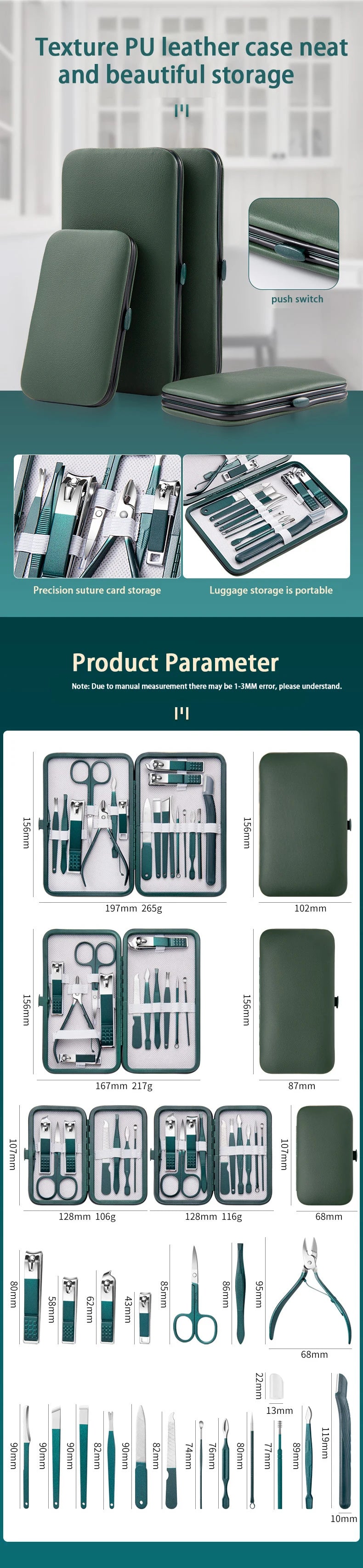 7-18 Pcs Manicure Set Nail Clippers Kit Professional Stainless Steel Nail Care Tools with Leather Travel Case For Man and Women