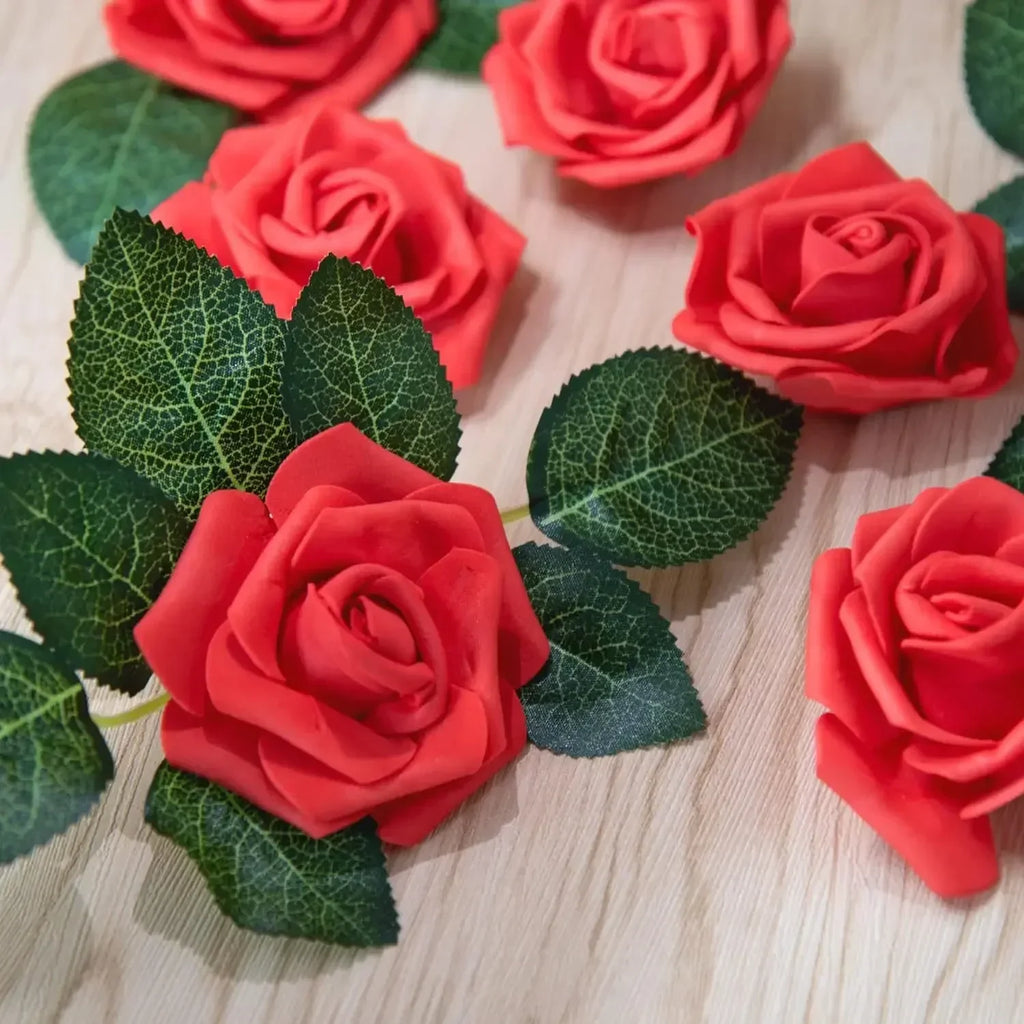 50/5Pcs Artificial Roses Flowers Foam Fake Rose Heads With Stems For DIY Wedding Bouquets Home Party Tables Decorations Supplies