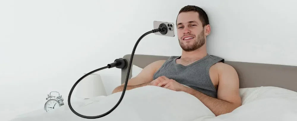 Magnetic Mobile Phone Stand Gooseneck Office Home 360° Rotation Bed Table Foldable Holder with Metal Rings for iPhone 16 15 14