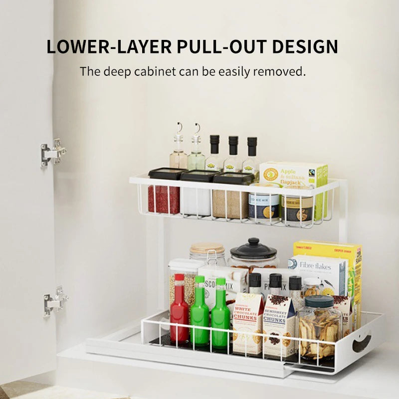 Under Sink 2 Tier Sliding Cabinet Basket Organizer Drawer Pull-Out Cabinet Organizer For Bathroom and Kitchen