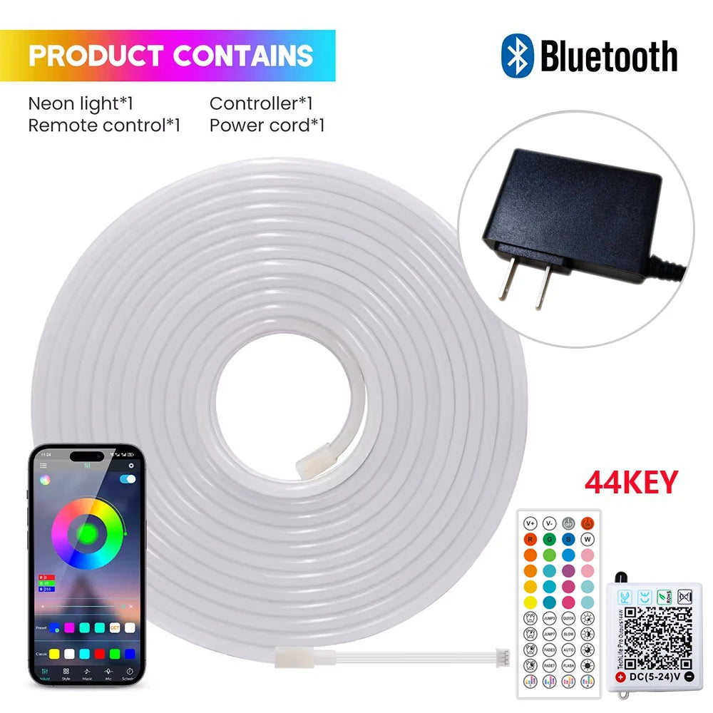 EU Plug DC24V 3535 RGB Neon LED Strip 5/10/15/20/30M Bluetooth Music Sync Waterproof Neon Rope Light for Indoor Outdoor Decor