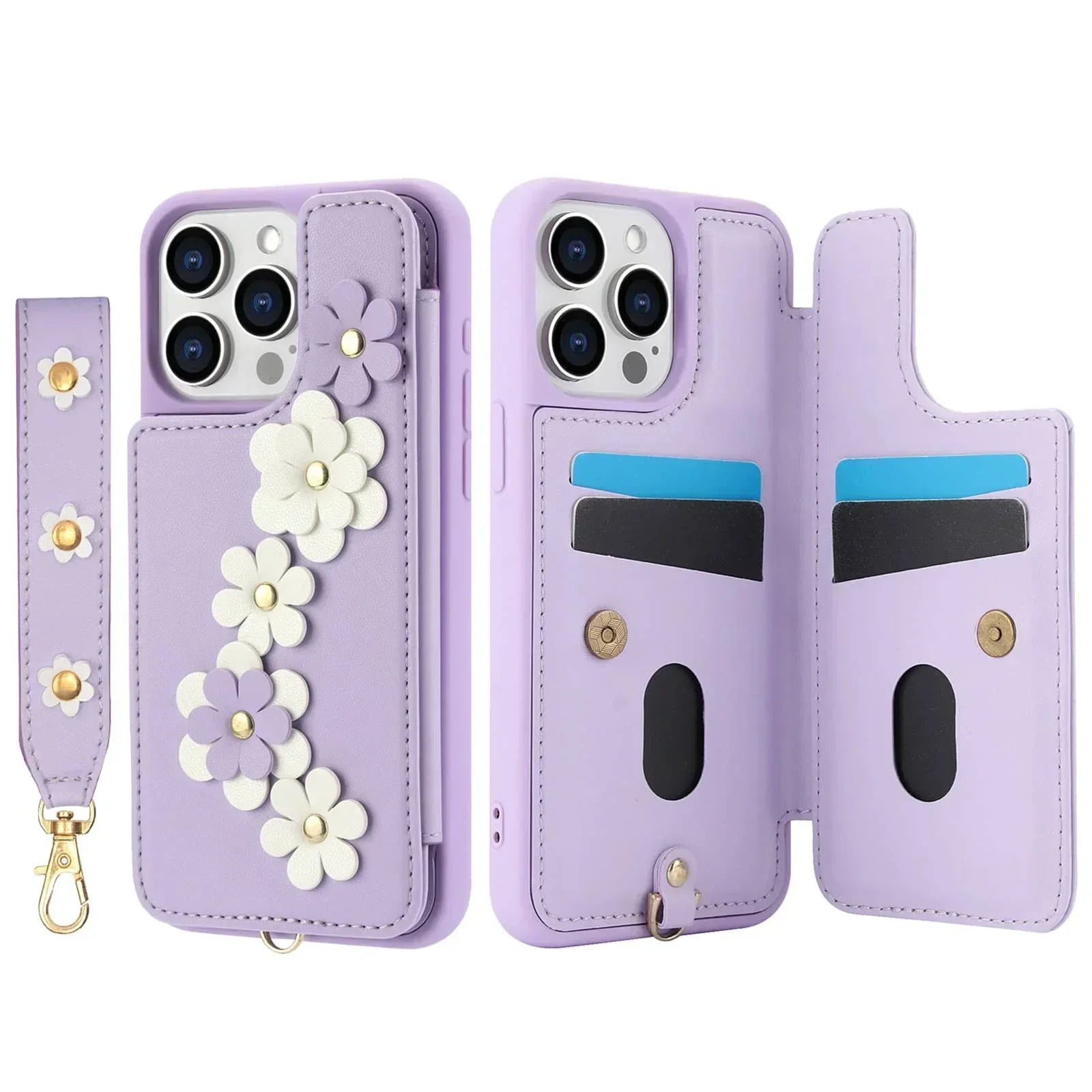 For iPhone 16 15 14 Pro Max Plus Case, Wallet with Card Holder, Cute Flower Design Crossbody Purse, Magnetic Kickstand Cover