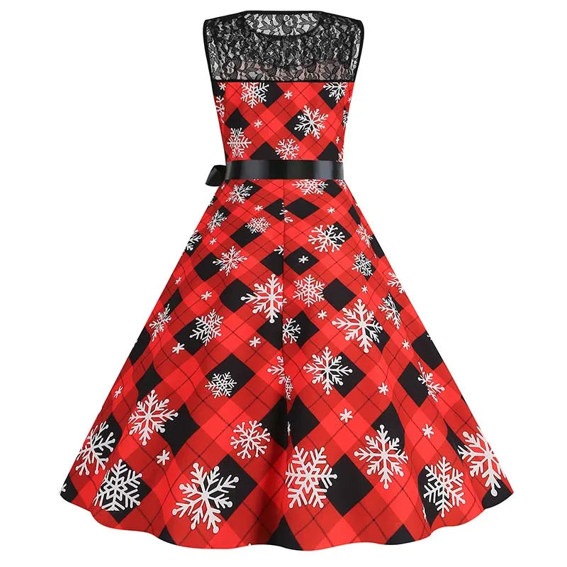 Christmas Dress Women Vintage 50s Lace Sleeveless Print Party A Line Santa Claus Sundress Runway Midi Pinup Flare Dresses