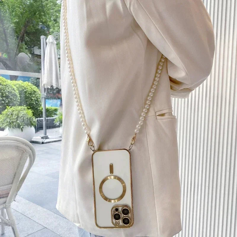 【Pearl Plating】Adjustable Crossbody Lanyard Case for iPhone 16/15 Pro Max/14/13/12/11 ProMax PlusShockproof Magnetic Phone Cover