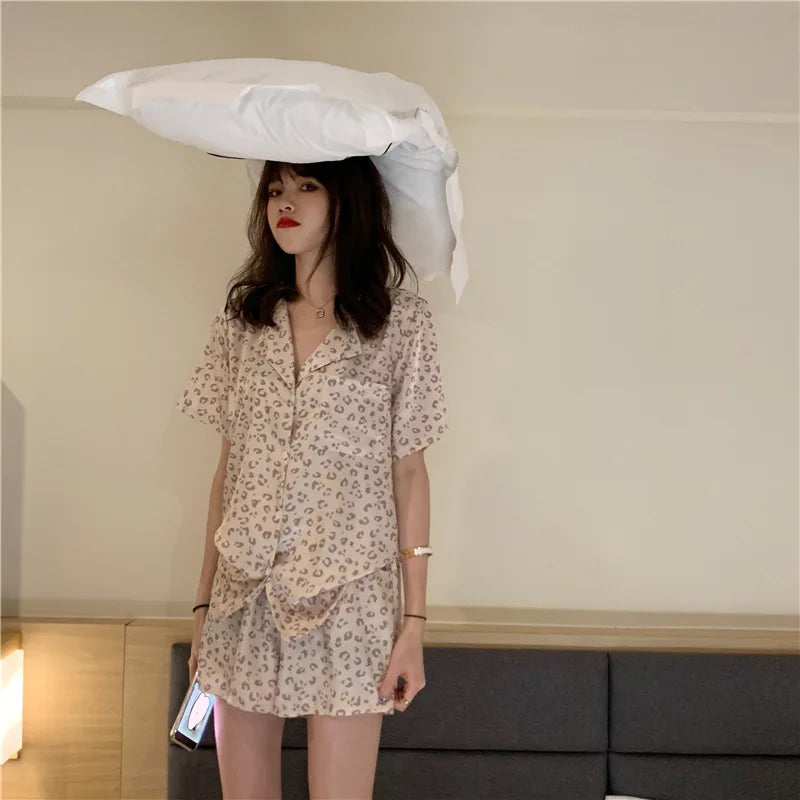 Women's Sleepwear Loungewear Set Short-Sleeved Shorts Pajamas Homewear Cardigan Lapel Leopard Print Sweet Cartoon Nightwear