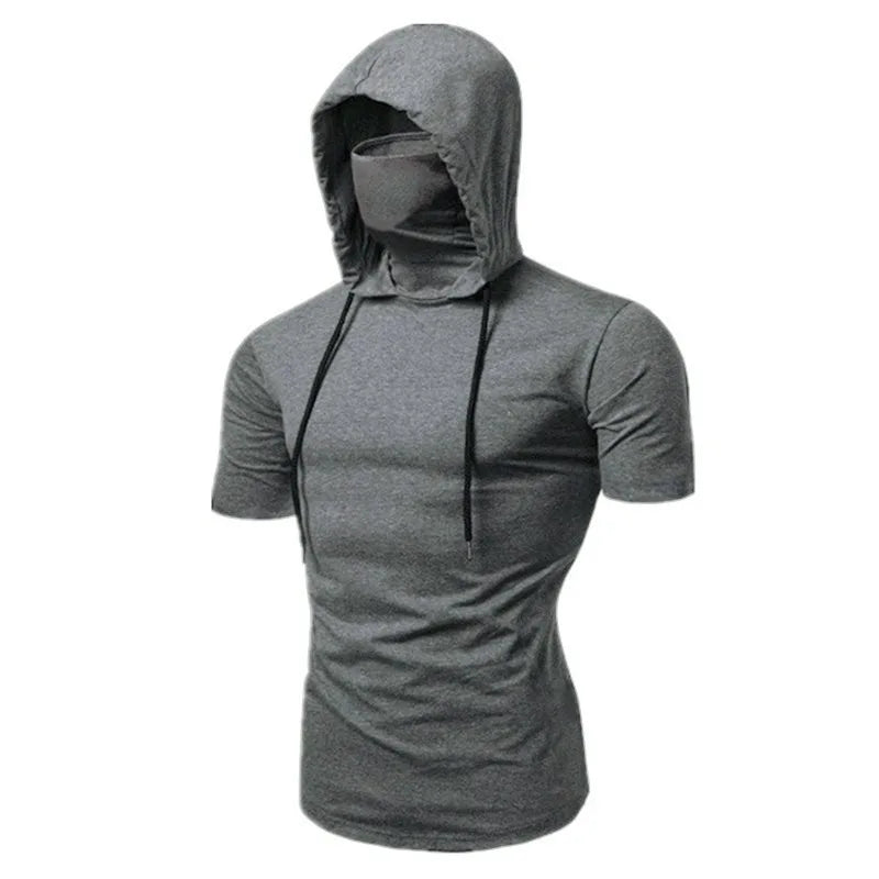Mens Gym Thin Hoodie Short Sleeve Hoodies With Mask Sweatshirt Casual Splice Large Mask Hoodie Sweatshirt Hooded Tops Cycling