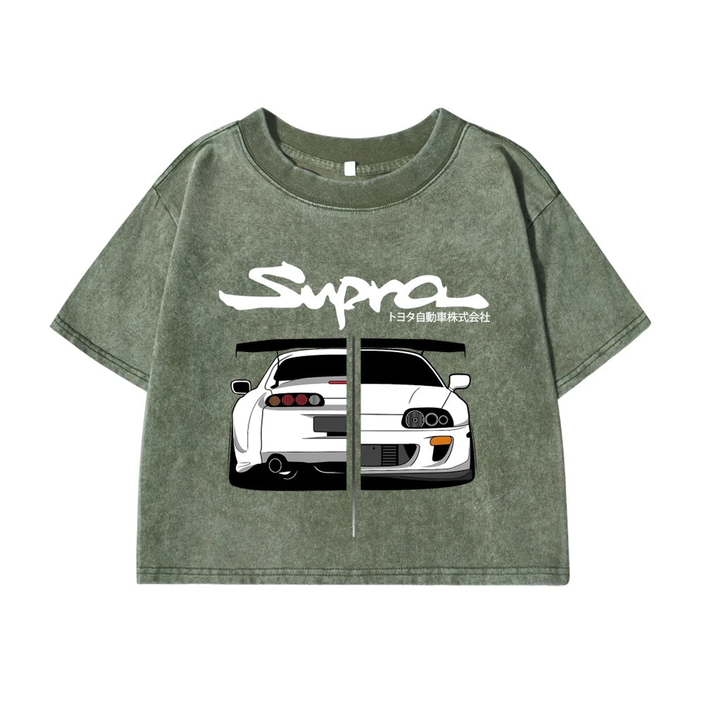 Woman Cotton Washed T-Shirts Street Regular O-Neck Crop Tees Japanese Style Cool Car Puzzle Print Short Sleeve Summer Clothes