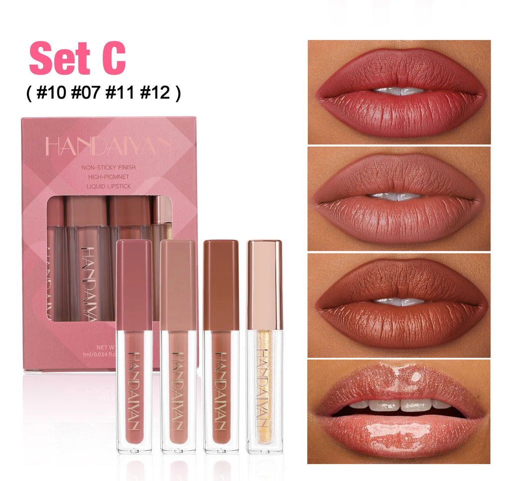 4 Pcs Lip Gloss Set, Waterproof Non Transfer Shimmer Lipstick, Long Lasting & Easy to Apply Liquid Lip Gloss for Daily Makeup