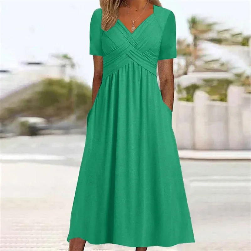 Elegant V Neck Crossover Wrap Bust Dresses Women Solid Color Short Sleeve Dress Summer Female Commuter Side Double Pockets Gown