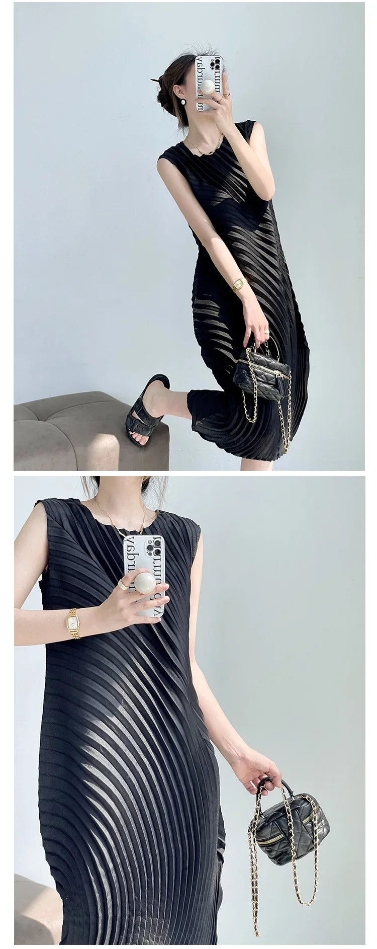 Miyake Hand Circle Pleated Sleeveless Dress Designer Long Round Neck Elegant Loose Summer Korean Style Aesthetic Clothes