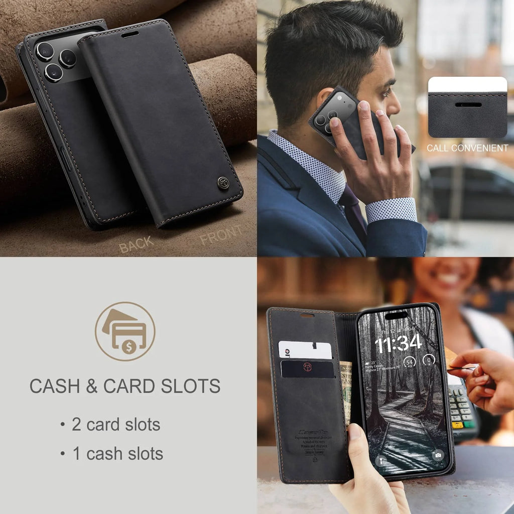 Leather Flip Wallet Case for iPhone 17/17 Pro/17 Pro Max/Air, Magnetic Folio Cover with Card Holder, Shockproof TPU Kickstand