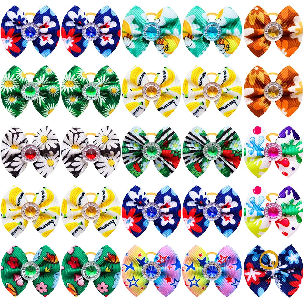 20pcs Dog Hair Bows Dog Bows with Diamond Colorful Grooming Rubber Band for Small Dog Pet Girls Grooming Hair Accessories