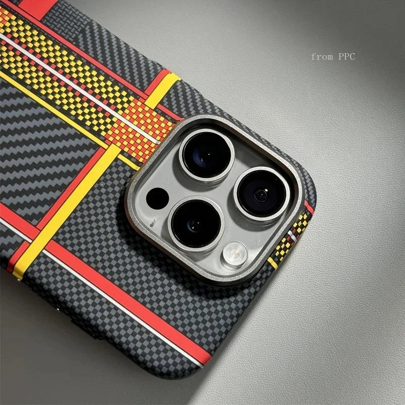 For iPhone 16 15 14 Pro Max Case Carbon Fiber Abstract Geometric MagSafe Cover Magnetic Charging Shell Camera Alloy Armor Fundas