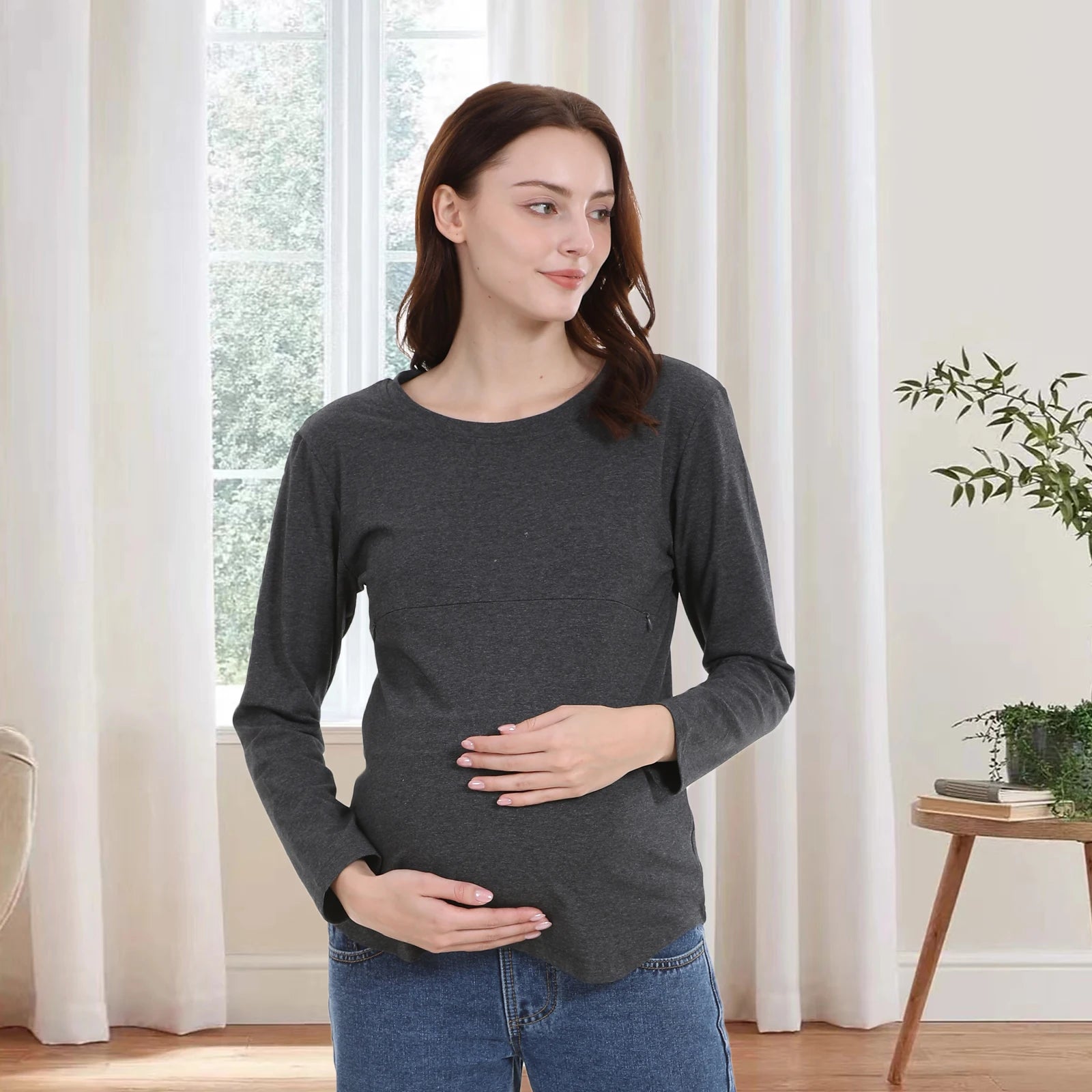 Breastfeeding T Shirt Maternity Clothes Long Sleeve Pregnancy Loose Hem Nursing Tee Spring Autumn Good Stretch Cotton