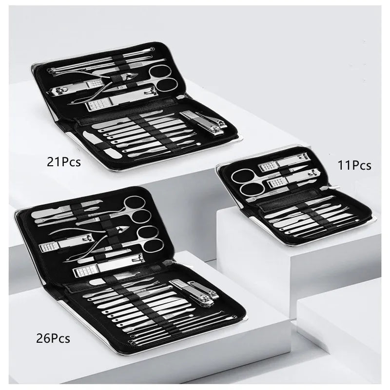 11-26 Pcs Manicure Set Stainless Steel Nail Clippers Cuticle Nipper Pedicure Care Tool Dead Skin Scissor Cleaning Grooming Kit