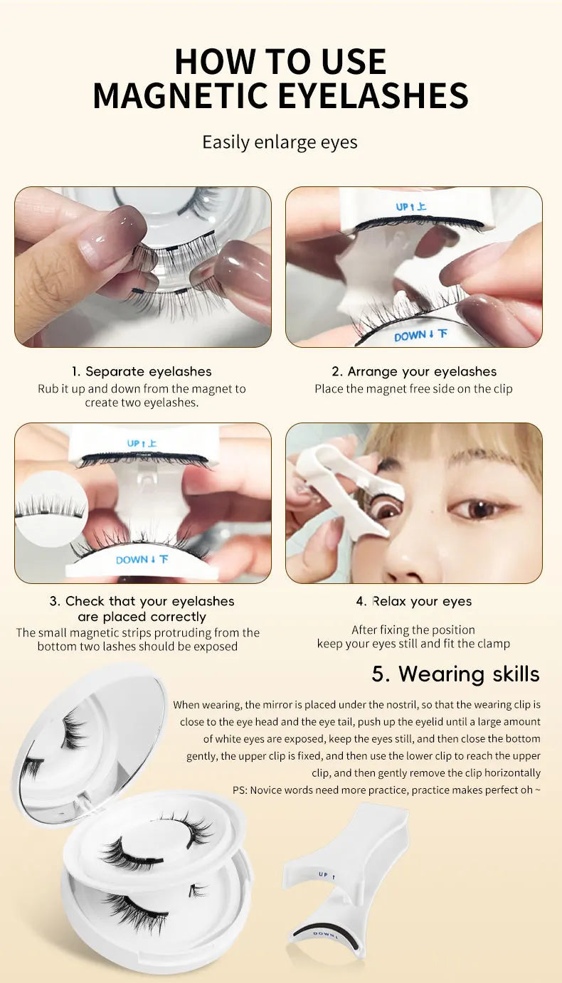 2pairs Magnetic False Eyelashes New Style Glue-Free Mink False Eyelashes Natural Nude Makeup With Mirror Reusable Beauty