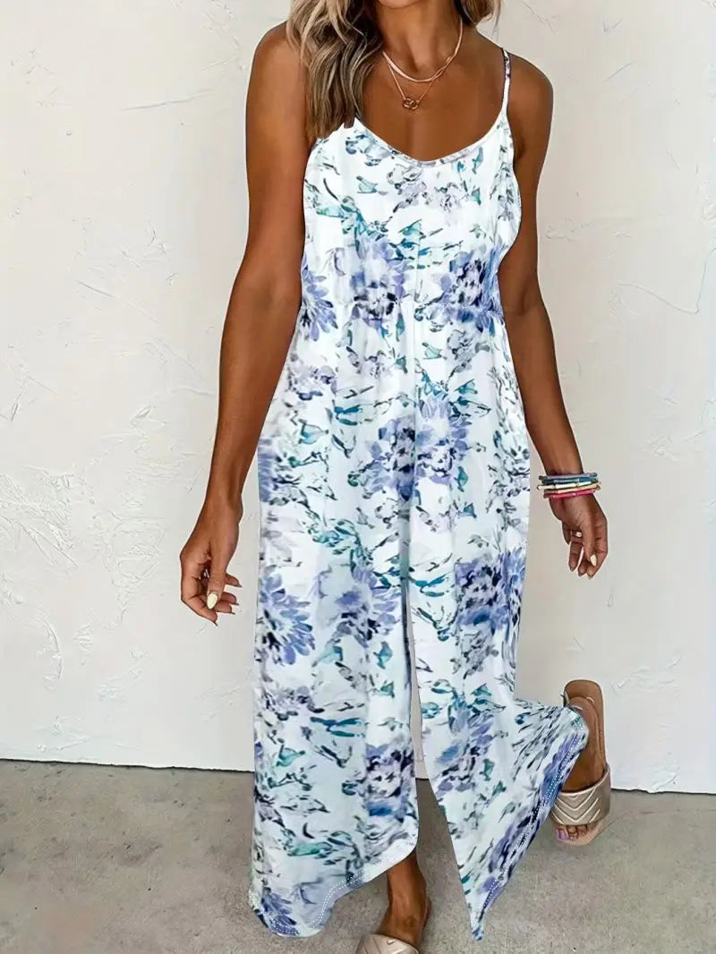 Summer High-Waisted Wide-Leg Jumpsuit for Women Floral Strap Backless Romper for Women