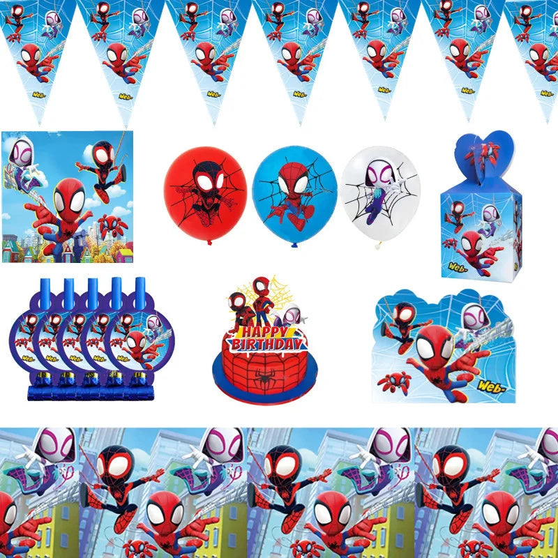 Spidey And His Amazing Friends Birthday Decoration Tableware Supplies Party Paper Cups Plates Tablecloth Banner Balloons For Kid