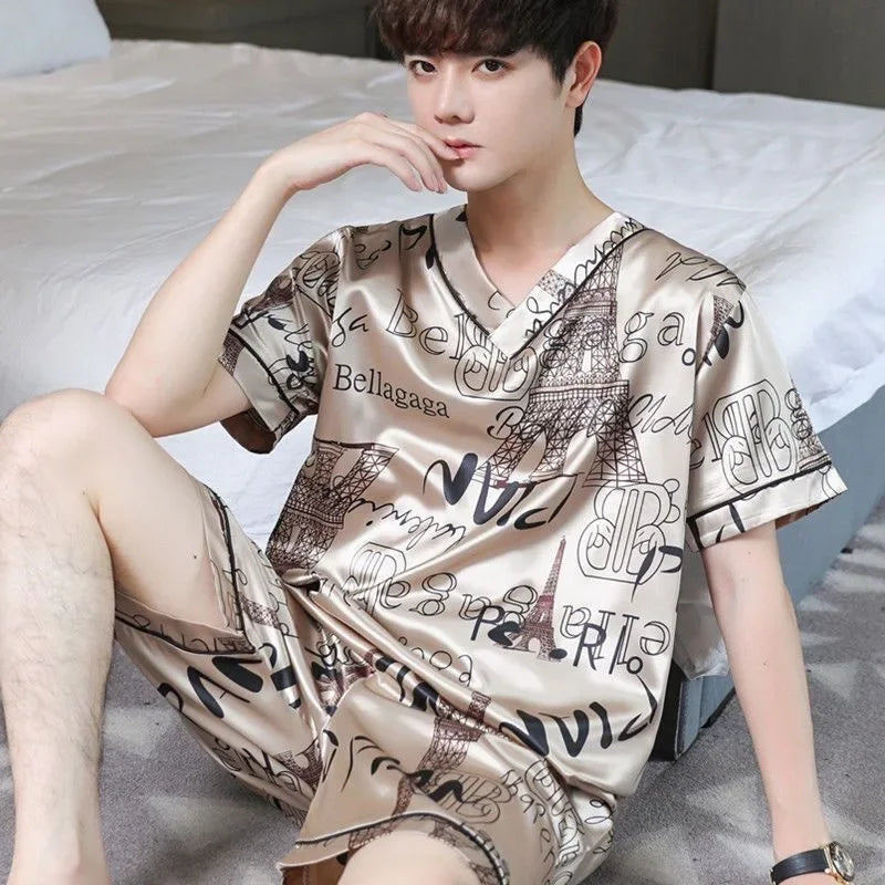 Pajamas Men Ice Silk Thin Short-Sleeved Two-Piece Suit Korean Version of the Loose Large Size Youth Plus Size Sleepwear Homewear