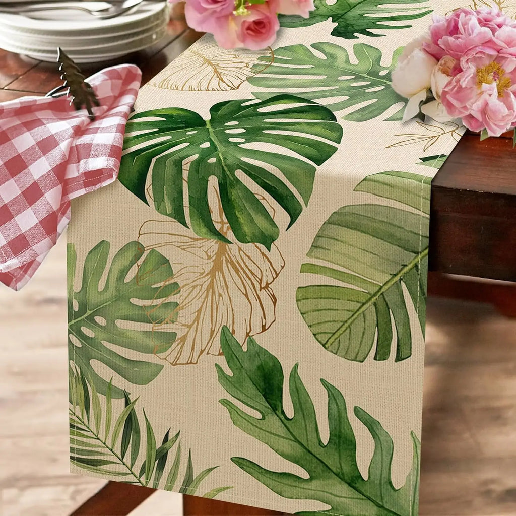 Summer Palm Leaves Tropical Greenery Linen Table Runners Spring Seasonal Home Kitchen Dining Table Decor Outdoor Party Decor