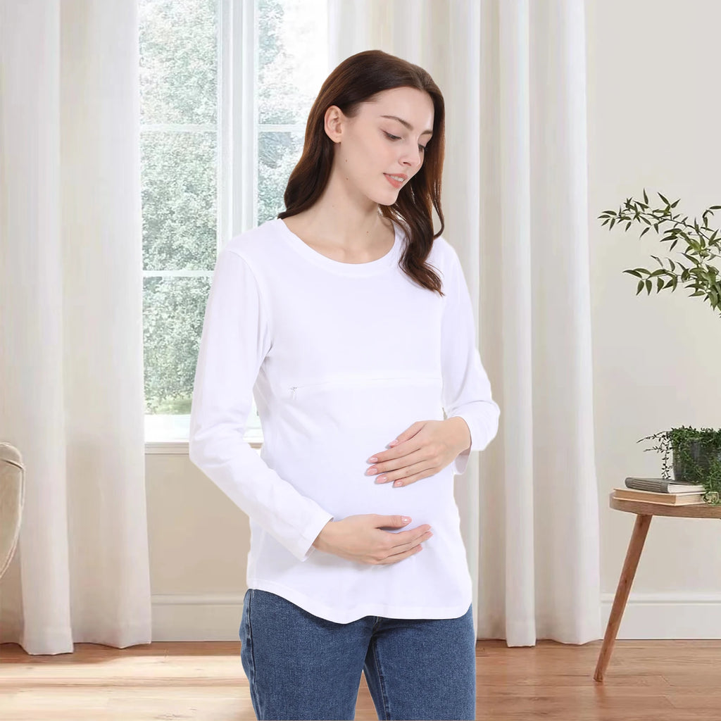 Breastfeeding T Shirt Maternity Clothes Long Sleeve Pregnancy Loose Hem Nursing Tee Spring Autumn Good Stretch Cotton