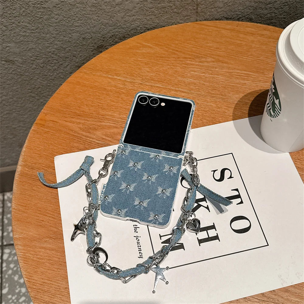 Fashion Denim embroidered bow phone case for Samsung Z Flip 7 Case Galaxy Z Flip 5 6 flip 6 cover hand strap cute Fundas Cases