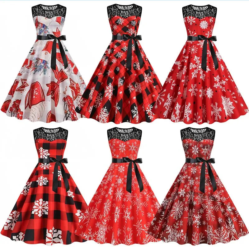Christmas Dress Women Vintage 50s Lace Sleeveless Print Party A Line Santa Claus Sundress Runway Midi Pinup Flare Dresses