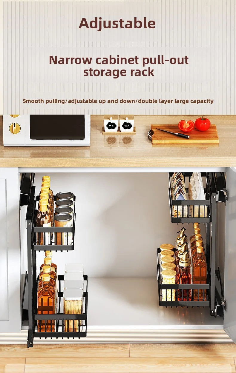 Large-Capacity Pull-Out Storage Cabinet for Home Kitchens Adjustable Under-Sink Storage Shelf with Sliding Mechanism