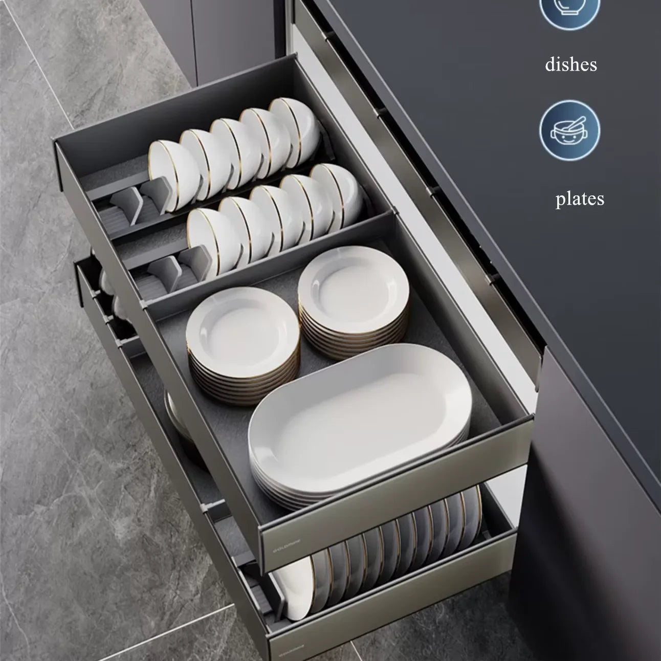 Goldmine Cabinet Organizers 3 Layers Aluminum Storage Baskets Drawers Tableware And Cookware Pullout Drawers For Kitchen
