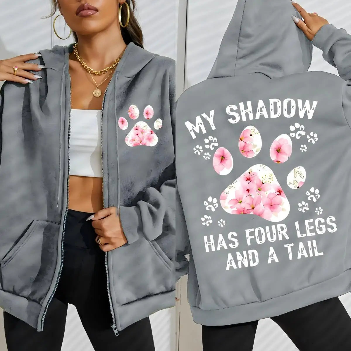 Flower Cat Feet My Shadow Has Four Legs And A Tail Print Zipper Hoody Woman Y2K Autumn Hoodies Loose Fleece Casual Sportswears