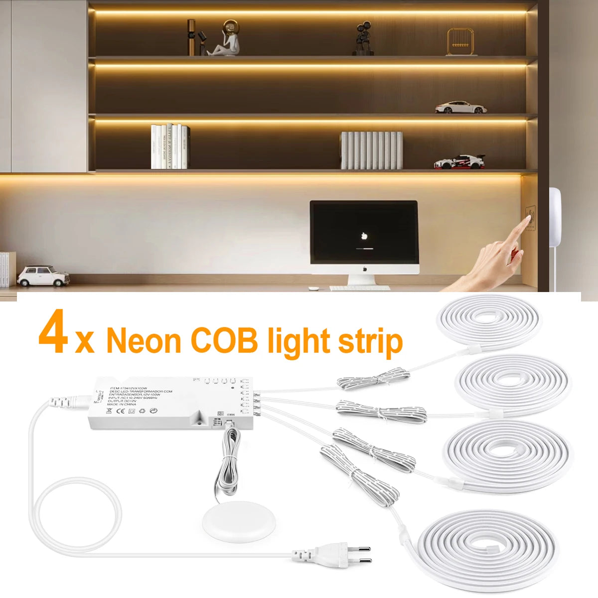COB Neon Strip Under Cabinet Led Lights Penetrable Wood Dimmable Touch Sensor Wall Lamp,Kitchen Storage Cabinet Lighting Decor