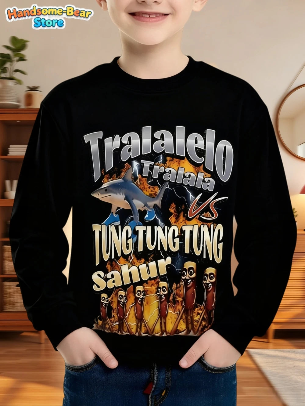 Italian Brainrot Boys Sweatshirt Autumn Long Sleeve Round Neck Hoodie Tungtung Sahur Brainrot Cartoon Children Tops Boys Clothes