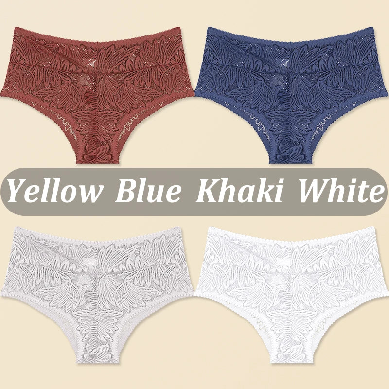 4PCS/Set Women Floral Lace Thongs Sexy Perspective G-String Mid Waist T-back Female Breathable Intimates Brazilian Underwears