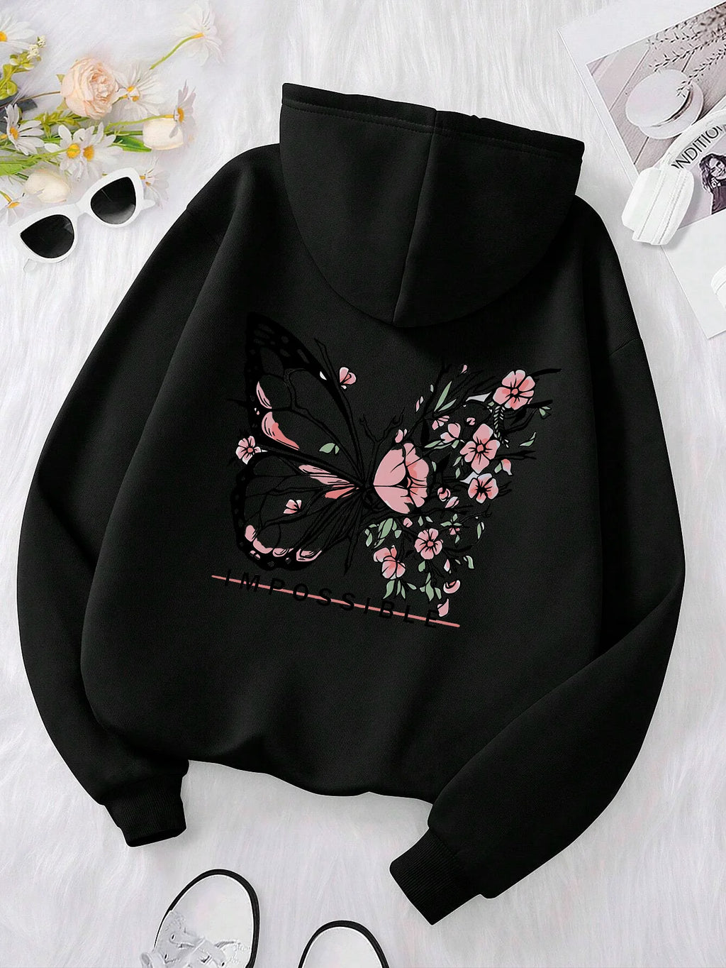 Rose Butterfly Impossible Letter Graphic Print Women Sweatshirt Fashion Warm Hooded Loose Casual Hoodies Fleece Soft Clothing