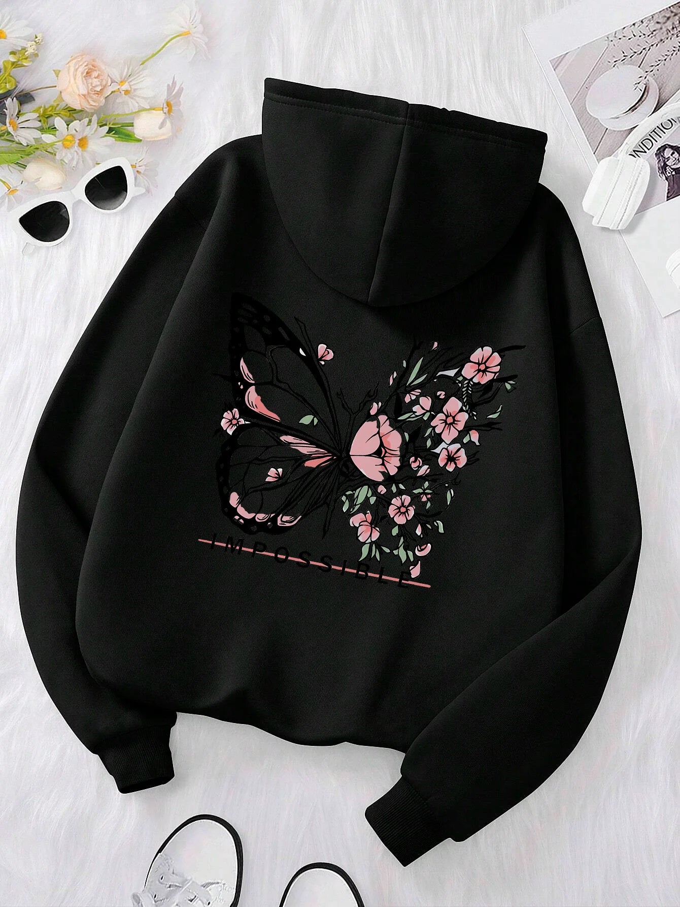 Rose Butterfly Impossible Letter Graphic Print Women Sweatshirt Fashion Warm Hooded Loose Casual Hoodies Fleece Soft Clothing