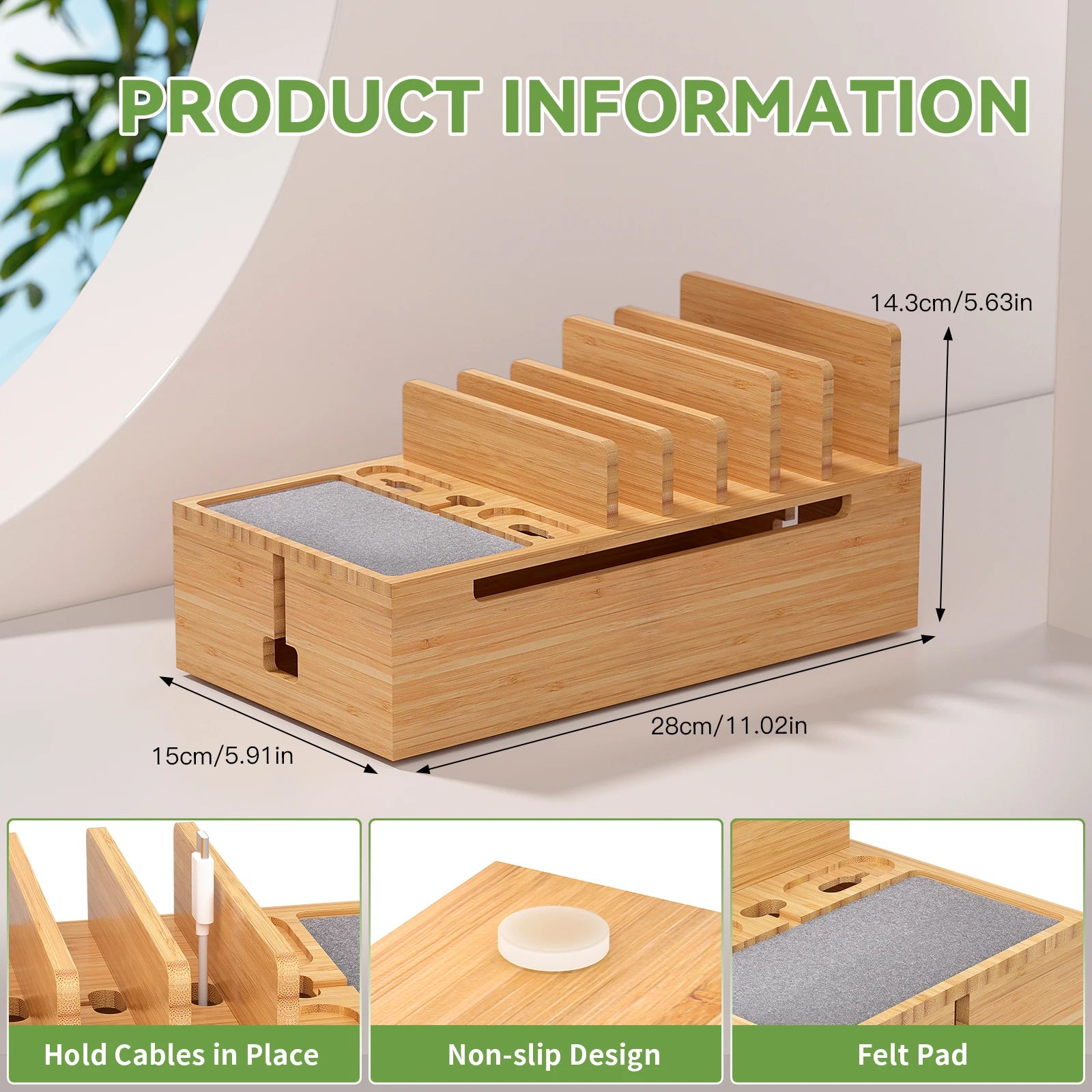 Bamboo Charging Station for Multiple Devices Charger Dock Holder Stand for Cell Phone and Tablet Electronic Devices Organizer